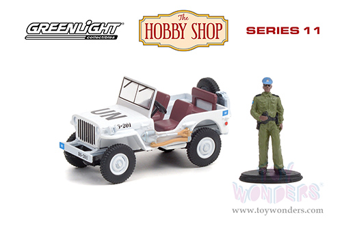 Greenlight - The Hobby Shop Series 11 | Willys MB Jeep&reg; UN "United Nations" White and Security Officer Figurine (1942, 1/64 scale diecast model car, White) 97110A/48