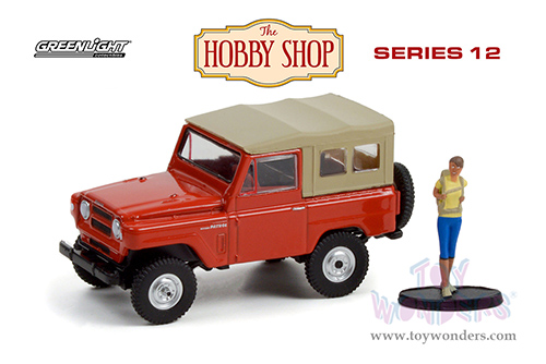 Greenlight - The Hobby Shop Series 12 | Nissan Patrol and Backpacker Figurine (1975, 1/64 scale diecast model car, Orange/Tan) 97120A/48