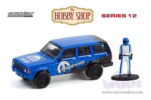 Greenlight - The Hobby Shop Series 12 | Jeep&reg; Cherokee Sport Off-Road "Mopar" and Race Car Driver Figurine (2001, 1/64 scale diecast model car, Blue/Black) 97120E/48