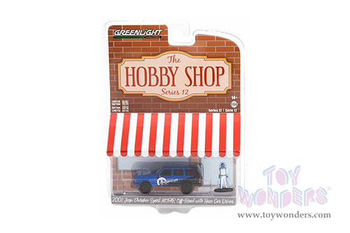 Greenlight - The Hobby Shop Series 12 | Jeep&reg; Cherokee Sport Off-Road "Mopar" and Race Car Driver Figurine (2001, 1/64 scale diecast model car, Blue/Black) 97120E/48