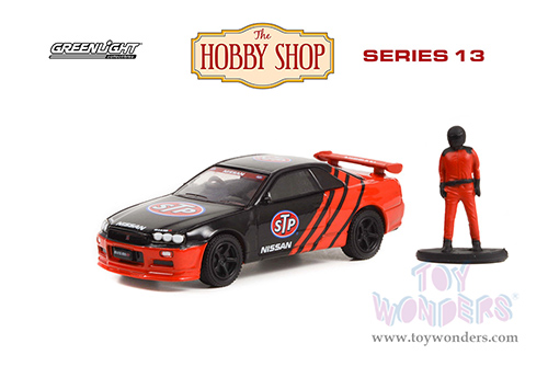 Greenlight - The Hobby Shop Series 13 | Nissan Skyline (R34) with Race Car Driver - STP (1999, 1/64 scale diecast model car, Red with Black) 97130E/48