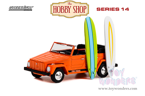 Greenlight - The Hobby Shop Series 14 | Volkswagen Thing (Type 181) "The Thing" and Surfboards (1971, 1/64 scale diecast model car, Orange with Black Stripes) 97140C/48