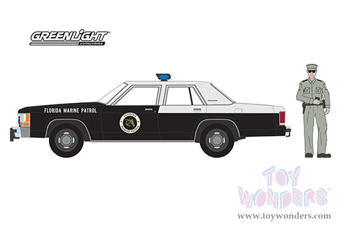 Greenlight - The Hobby Shop Series 14 | Ford LTD Crown Victoria Police "Florida Marine Patrol" and Police Officer (1990, 1/64 scale diecast model car, Black and White) 97140D/48