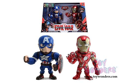 Jada Toys - Metals Die Cast | Captain America: Civil War  - Captain America and Iron Man with Battle Damage Twin Pack Figures (4" diecast model toy, Blue and Red) 97563
