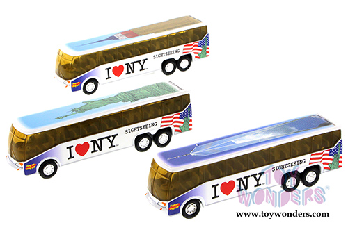 Showcasts Collectibles - I Love New York Coach Bus w/ Statue of Liberty, Empire State Building & Freedom Tower (6" diecast model car, Asstd.) 9803D-ILNY