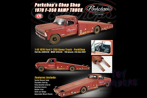 Acme - Ford F-350 Ramp Truck - Porkchop's Chop Shop (Rusted) (1970, 1/18 scale diecast model car, Sports Red Primer) A1801416