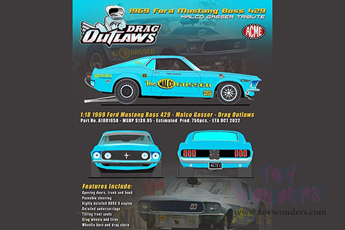 Acme Drag Outlaws - Ford Mustang BOSS 429 Gasser "The Malco Gasser" (1969, 1/18 scale diecast model car, Light Blue) A1801858