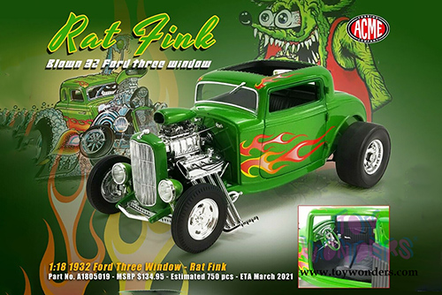 Acme - Rat Fink Ford Blown 3 Window Hot Rod (1932, 1/18 scale diecast model car, Green) A1805019