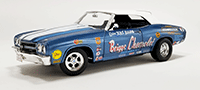 Show product details for Acme - Chevrolet® Chevelle® Convertible "Briggs Chevrolet" Drag Car (1970, 1/18 scale diecast model car, Blue/White stripes) A1805522