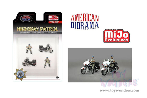 American Diorama/Mijo Exclusives - Highway Patrol Figure & Bike Set (4 pc. set, 1/64 scale diecast metal, Asstd.)  AD-64529MJ