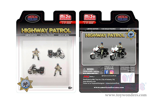 American Diorama/Mijo Exclusives - Highway Patrol Figure & Bike Set (4 pc. set, 1/64 scale diecast metal, Asstd.)  AD-64529MJ
