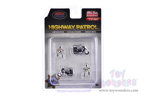 American Diorama/Mijo Exclusives - Highway Patrol Figure & Bike Set (4 pc. set, 1/64 scale diecast metal, Asstd.)  AD-64529MJ
