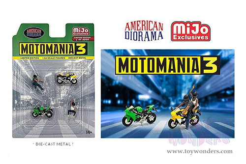 American Diorama/Mijo Exclusives - Motomania 3 Figure & Bike Set (4 pc. set, 1/64 scale diecast metal, Asstd.)  AD-76499MJ