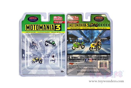 American Diorama/Mijo Exclusives - Motomania 3 Figure & Bike Set (4 pc. set, 1/64 scale diecast metal, Asstd.)  AD-76499MJ