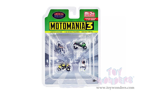 American Diorama/Mijo Exclusives - Motomania 3 Figure & Bike Set (4 pc. set, 1/64 scale diecast metal, Asstd.)  AD-76499MJ