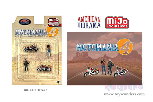 American Diorama/Mijo Exclusives - Motomania 4 Figure & Bike Set (4 pc. set, 1/64 scale diecast metal, Asstd.)  AD-76504MJ