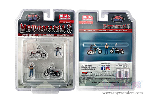American Diorama/Mijo Exclusives - Motomania 5 Figure & Bike Set (4 pc. set, 1/64 scale diecast metal, Asstd.)  AD-76512MJ