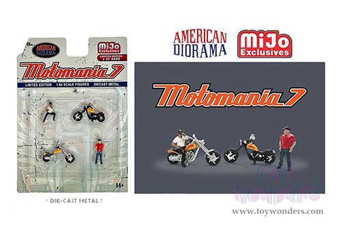 American Diorama/Mijo Exclusives - Motomania 7 Figure & Bike Set (4 pc. set, 1/64 scale diecast metal, Asstd.)  AD-76520MJ