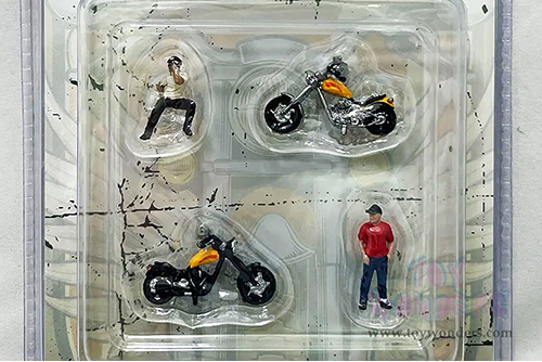 American Diorama/Mijo Exclusives - Motomania 7 Figure & Bike Set (4 pc. set, 1/64 scale diecast metal, Asstd.)  AD-76520MJ