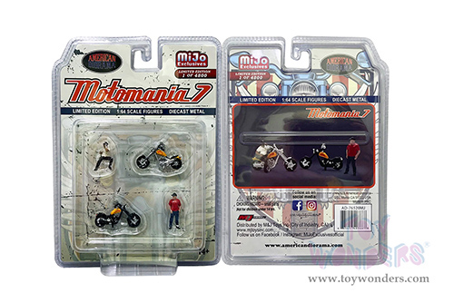 American Diorama/Mijo Exclusives - Motomania 7 Figure & Bike Set (4 pc. set, 1/64 scale diecast metal, Asstd.)  AD-76520MJ