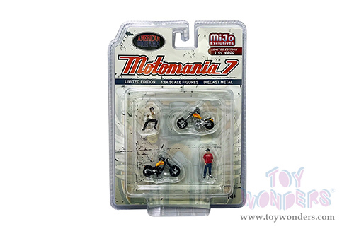 American Diorama/Mijo Exclusives - Motomania 7 Figure & Bike Set (4 pc. set, 1/64 scale diecast metal, Asstd.)  AD-76520MJ
