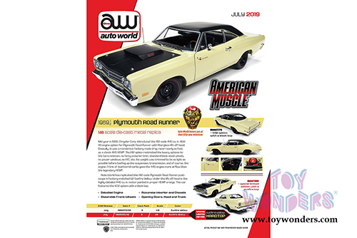 Auto World - American Muscle | Plymouth Road Runner Hardtop Class of '69 50th Anniversary (1969, 1/18 scale diecast model car, Sunfire Yellow) AMM1180