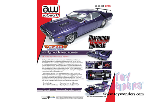 Auto World - American Muscle - Plymouth Road Runner Hardtop Muscle Car & Corvette Nationals (MCACN) (1971, 1/18 scale diecast model car, Violet) AMM1182
