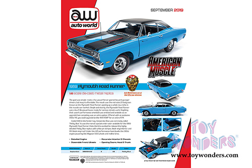 Auto World - American Muscle | Plymouth Road Runner Hardtop Class of '69 50th Anniversary (1969, 1/18 scale diecast model car, Petty Blue w/Black) AMM1184