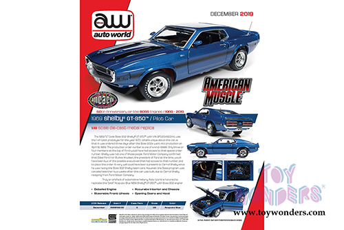 Auto World - Ford Mustang Shelby&reg; GT-350 Fastback Pilot Car Hardtop Muscle Car & Corvette Nationals (MCACN) 50th Anniversary of the Boss Engines (1969-2019) (1969, 1/18 scale diecast model car, Acapulco Blue w/Black)  AMM1188