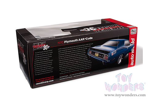Auto World - American Muscle 30th Anniversary | Plymouth AAR Barracuda 340 Six-Pack Hardtop (1970, 1/18 scale diecast model car, Blue Fire Metallic/Matte Black) AMM1225