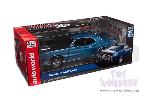Auto World - American Muscle 30th Anniversary | Plymouth AAR Barracuda 340 Six-Pack Hardtop (1970, 1/18 scale diecast model car, Blue Fire Metallic/Matte Black) AMM1225