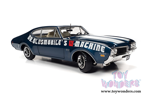 Auto World American Muscle - Oldsmobile&reg; 442 W-30 Coupe Muscle Car & Corvette Nationals (MCACN) (1969, 1/18 scale diecast model car, Trophy Blue/White) AMM1235