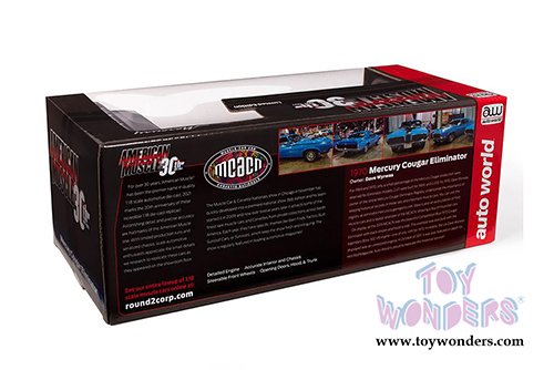 Auto World - American Muscle 30th Anniversary | Mercury Cougar Eliminator Hardtop Muscle Car & Corvette Nationals (MCACN) (1970, 1/18 scale diecast model car, Blue/Black) AMM1253