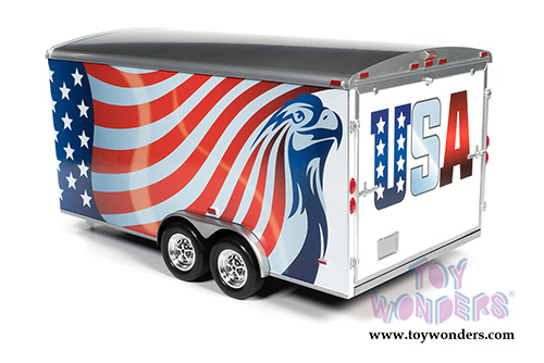 Auto World - American Muscle 30th Anniversary | Four Wheel Enclosed Trailer (1/18 scale diecast model car, Red/White/Blue) AMM1266