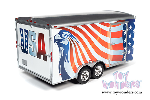 Auto World - American Muscle 30th Anniversary | Four Wheel Enclosed Trailer (1/18 scale diecast model car, Red/White/Blue) AMM1266