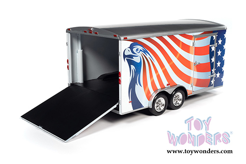 Auto World - American Muscle 30th Anniversary | Four Wheel Enclosed Trailer (1/18 scale diecast model car, Red/White/Blue) AMM1266