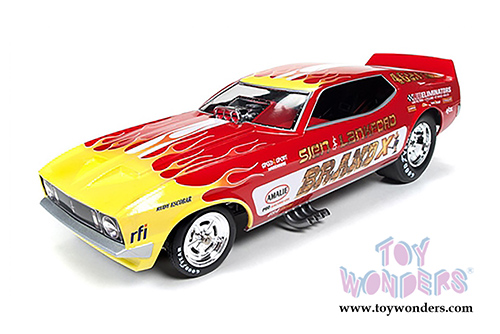 Auto World Legends - Brand X Ford Mustang NHRA Funny Car (1973, 1/18 scale diecast model car, Red w/Yellow Flames) AW1167