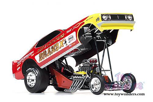 Auto World Legends - Brand X Ford Mustang NHRA Funny Car (1973, 1/18 scale diecast model car, Red w/Yellow Flames) AW1167