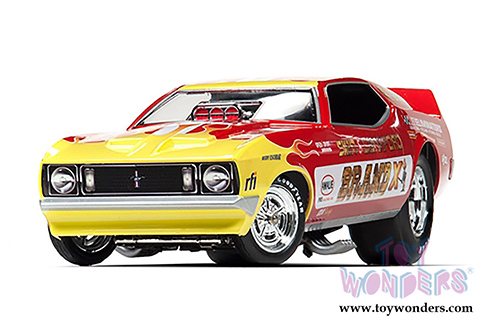 Auto World Legends - Brand X Ford Mustang NHRA Funny Car (1973, 1/18 scale diecast model car, Red w/Yellow Flames) AW1167