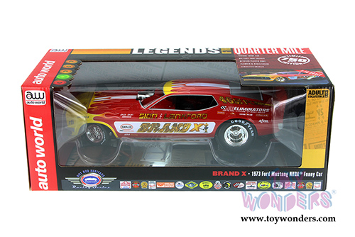 Auto World Legends - Brand X Ford Mustang NHRA Funny Car (1973, 1/18 scale diecast model car, Red w/Yellow Flames) AW1167