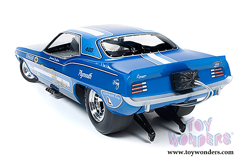 Auto World Legends - Candies & Hughes Plymouth Cuda NHRA Funny Car (1970, 1/18 scale diecast model car, Blue w/ White Stripes) AW1172