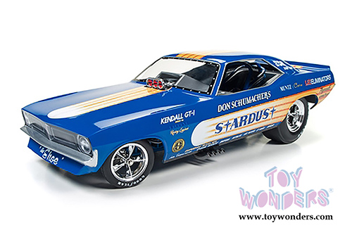 Auto World Legends - Don Schumacher's 1972 Plymouth Cuda Stardust (Bobby Rowe) Funny Car (1972, 1/18 scale diecast model car, Blue w/ Yellow Stripes) AW1179