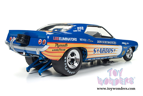 Auto World Legends - Don Schumacher's 1972 Plymouth Cuda Stardust (Bobby Rowe) Funny Car (1972, 1/18 scale diecast model car, Blue w/ Yellow Stripes) AW1179