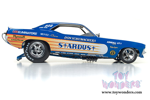 Auto World Legends - Don Schumacher's 1972 Plymouth Cuda Stardust (Bobby Rowe) Funny Car (1972, 1/18 scale diecast model car, Blue w/ Yellow Stripes) AW1179