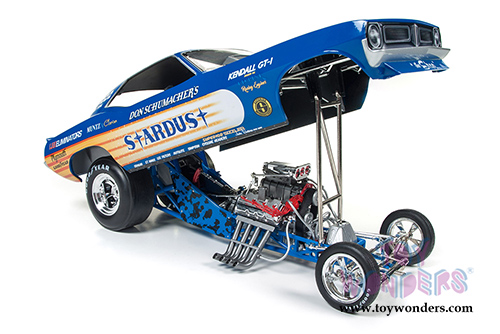 Auto World Legends - Don Schumacher's 1972 Plymouth Cuda Stardust (Bobby Rowe) Funny Car (1972, 1/18 scale diecast model car, Blue w/ Yellow Stripes) AW1179
