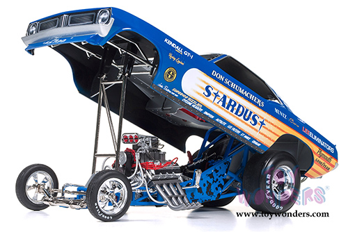 Auto World Legends - Don Schumacher's 1972 Plymouth Cuda Stardust (Bobby Rowe) Funny Car (1972, 1/18 scale diecast model car, Blue w/ Yellow Stripes) AW1179