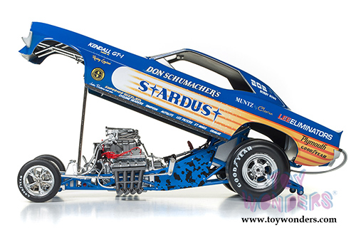 Auto World Legends - Don Schumacher's 1972 Plymouth Cuda Stardust (Bobby Rowe) Funny Car (1972, 1/18 scale diecast model car, Blue w/ Yellow Stripes) AW1179