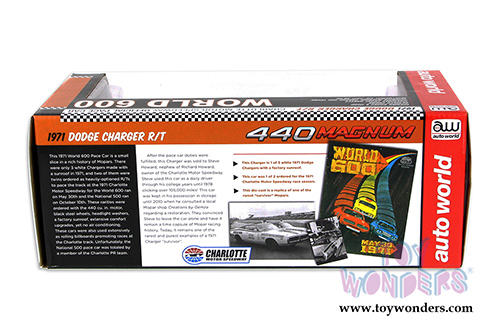 Auto World -  Dodge Charger R/T Hard Top - Charlotte Motor Speedway - World 600 Pace Car (1971, 1/18 scale diecast model car, White with Black) AW223