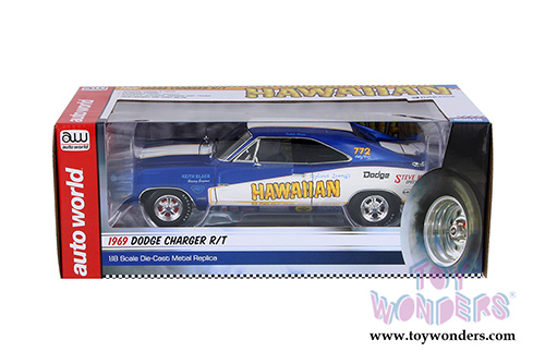 Auto World - Racing Dreams | Dodge Charger Hawaiian NHRA Funny Car (1969, 1/18 scale diecast model car, Blue w/ White stripes) AW231