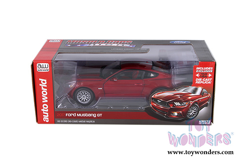Auto World - Muscle Cars USA | 1/18 and 1/64 scale Ford Mustang GT Hardtop (2017, 1/18,1/64 scale diecast model car, Ruby Red Metallic) AW245